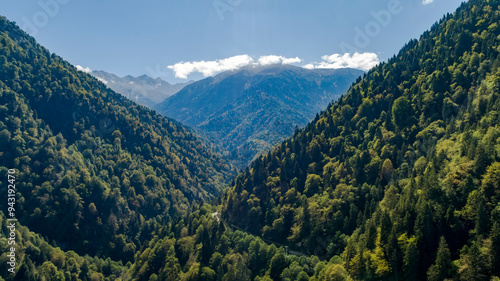 Forest and mountainous road to Zilkale. Blue cloudy sky, Green trees and magnificent nature. Rize, Turkey.