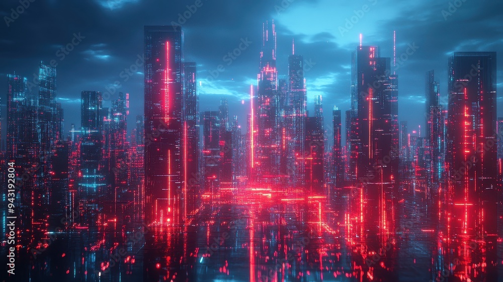 Fototapeta premium AIcontrolled metropolis, digital architecture, futuristic society, neon holograms.