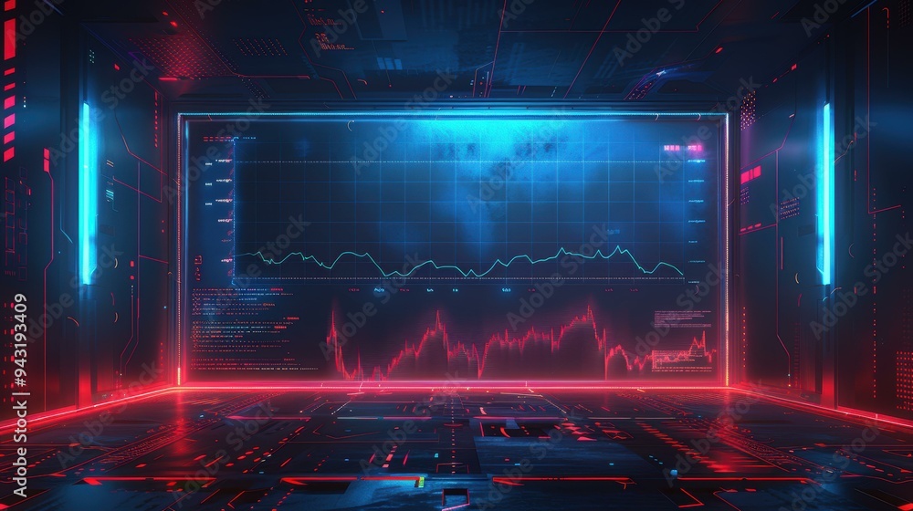 custom made wallpaper toronto digitalFuturistic digital interface featuring glowing blue and red data charts and code, ideal for technology, finance, and analytics presentations,