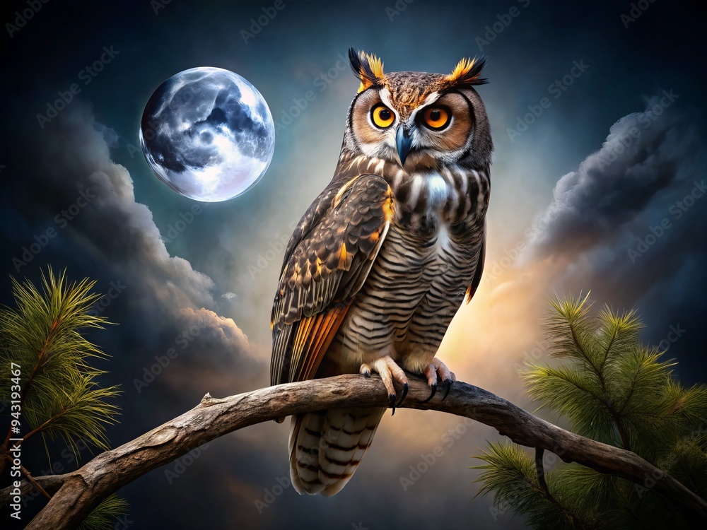 a photo image of a majestic horned owl perched on a branch, isolated on a dark background, with eyes gleaming in the moonlight a photo image of a majestic horned owl perched on a branch, isolated on a dark background, with eyes gleaming in the moonlight