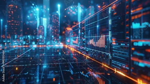 Wallpaper Mural Futuristic cityscape with digital data analytics displayed on holographic screens perfect for technology, finance, or cyber themes, Torontodigital.ca