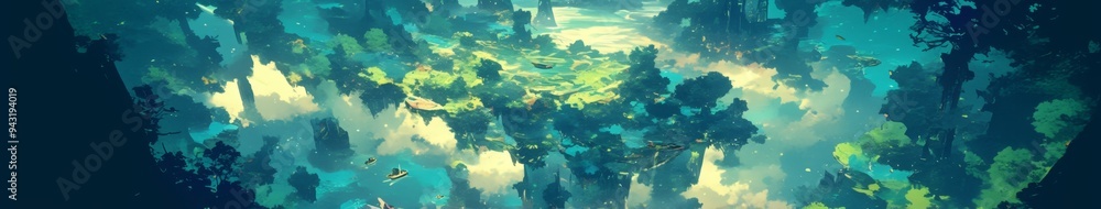 Fototapeta premium Enchanted Forest Game Board: Top-View Fantasy Landscape with Floating Islands. Abstract Anime-Style Concept Art for Video Games, Book Illustrations, and Marketing Campaigns. Minimalist Digital Paintin