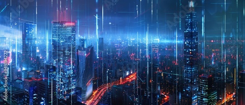 Futuristic Cityscape with Cybernetic Skyscrapers at Night