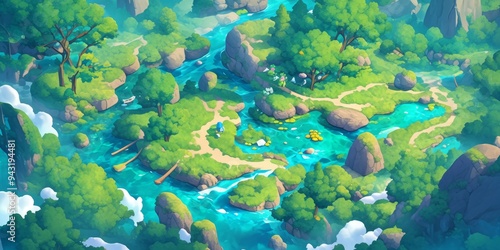 Enchanted Forest Game Board: Top-View Fantasy Landscape with Floating Islands. Abstract Anime-Style Concept Art for Video Games, Book Illustrations, and Marketing Campaigns. Minimalist Digital Paintin