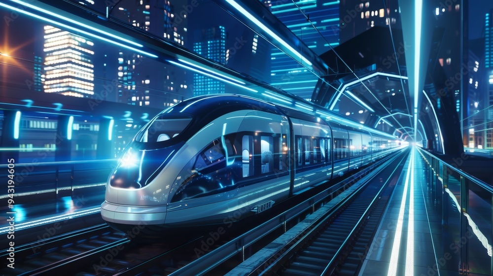 Futuristic City Commute with High-speed Train at Night Futuristic City Commute with High-speed Train at Night