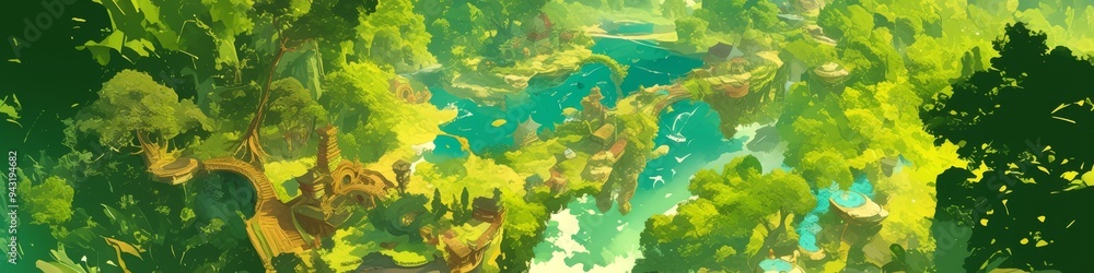 Fototapeta premium Enchanted Forest Game Board: Top-View Fantasy Landscape with Floating Islands. Abstract Anime-Style Concept Art for Video Games, Book Illustrations, and Marketing Campaigns. Minimalist Digital Paintin