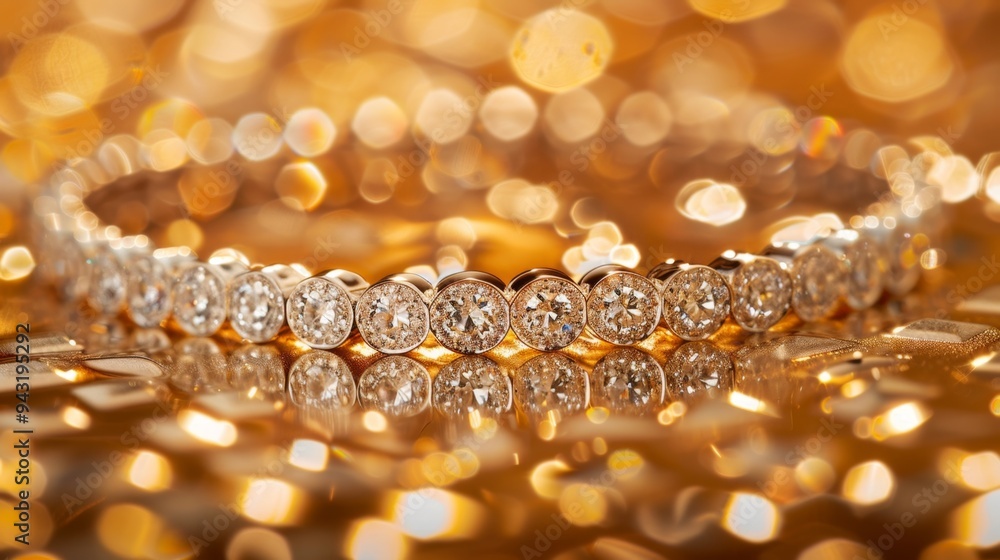 Sparkling Diamond Bracelet on Golden Bokeh Background Sparkling Diamond Bracelet on Golden Bokeh Background