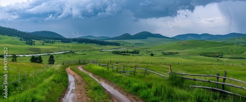 Rural Road Through Rolling Hills with Storm Clouds in the Distance