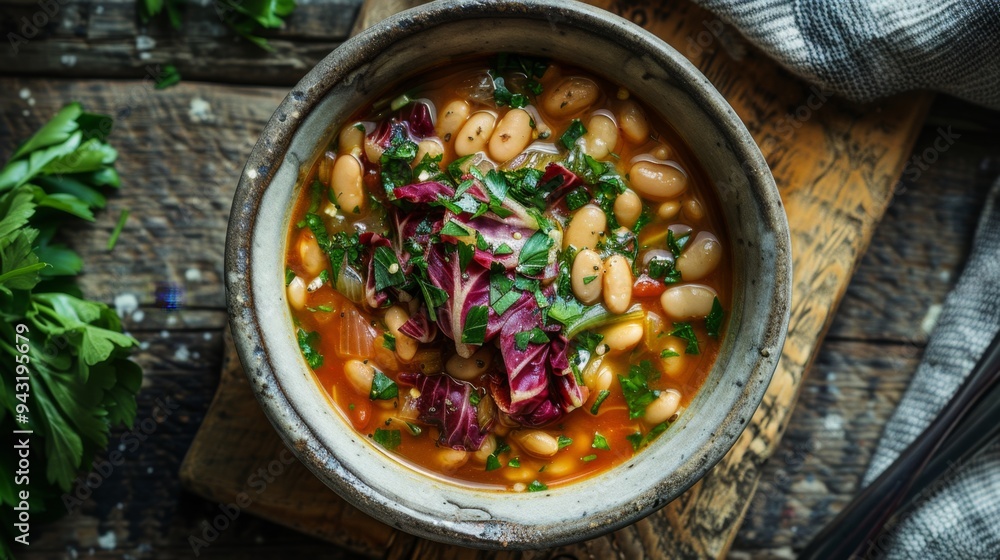 Gourmet White Bean Soup on Festive Table Setting. White Bean Stew with Marinated Radicchio Gourmet White Bean Soup on Festive Table Setting. White Bean Stew with Marinated Radicchio