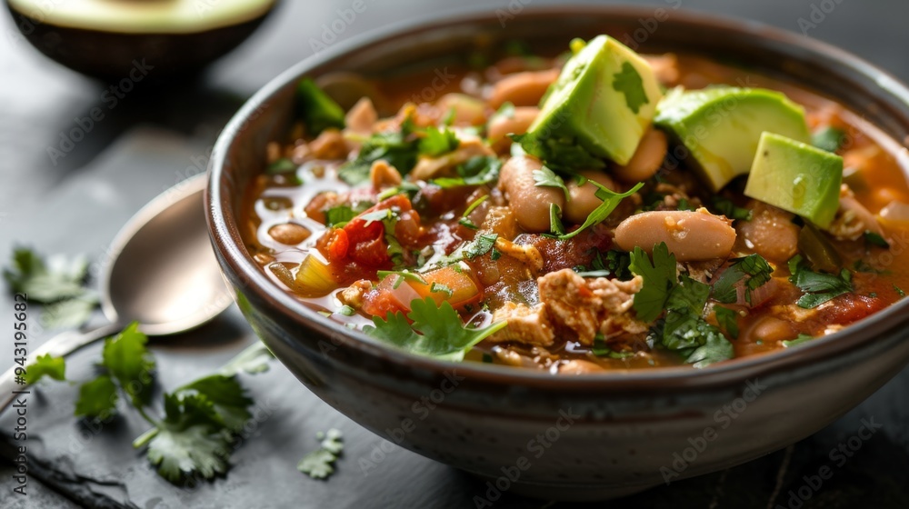 Chicken Avocado Soup in Rustic Bowl on Table. White Turkey Chili with Avocado Chicken Avocado Soup in Rustic Bowl on Table. White Turkey Chili with Avocado