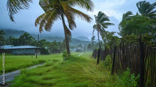 Tropical Storm in Rural Village with Palm Trees and Lush Greenery photo