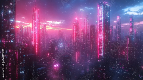 Futuristic urban landscape, AI integration, digital society, neon holograms.