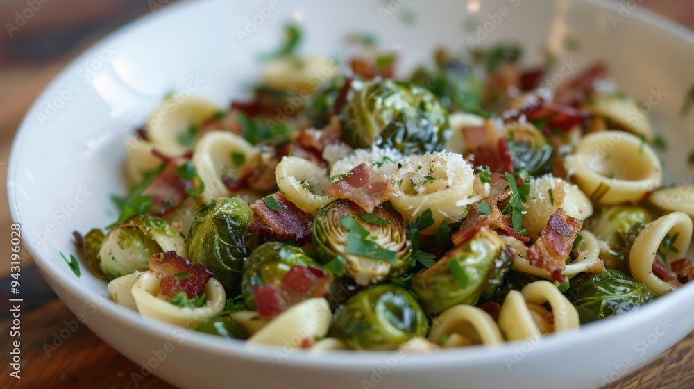 Brussels Sprout Bacon Pasta Bowl on Wooden Table. Brussels Sprouts and Bacon Orecchiette Brussels Sprout Bacon Pasta Bowl on Wooden Table. Brussels Sprouts and Bacon Orecchiette