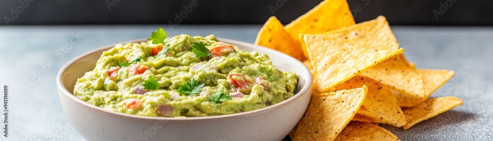 delicious guacamole dip with crispy tortilla chips - close up view of fresh, homemade guacamole in white bowl with golden-brown tortilla chips on gray surface - mexican food concept. delicious guacamole dip with crispy tortilla chips - close up view of fresh, homemade guacamole in white bowl with golden-brown tortilla chips on gray surface - mexican food concept.
