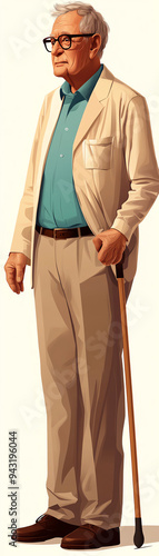 Elderly man standing with a cane, dressed in casual attire, exuding wisdom and experience. Perfect for senior lifestyle concepts. photo