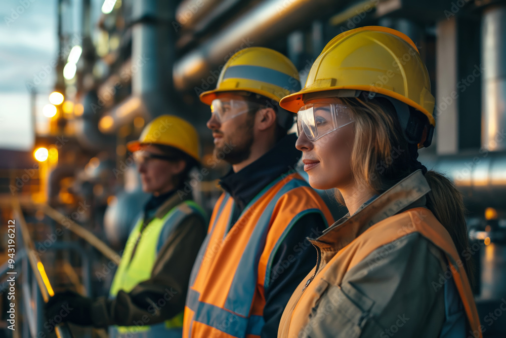 Team of Engineers in Safety Gear Working at Industrial Oil Refinery Site Team of Engineers in Safety Gear Working at Industrial Oil Refinery Site