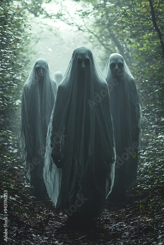 Halloween scene featuring ghostly figures in a misty forest, perfect for spooky themed events or promotions, with copy space.