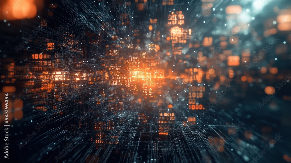 Abstract Digital Data Flow - Futuristic Technology Background with Glowing Orange Lines and Binary Code Abstract Digital Data Flow - Futuristic Technology Background with Glowing Orange Lines and Binary Code