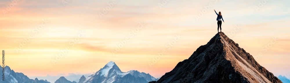 successful hiker reaching mountain peak with arms raised in victory against stunning sunset sky and snowy mountain range successful hiker reaching mountain peak with arms raised in victory against stunning sunset sky and snowy mountain range