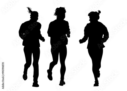 Young athletes run a marathon. Isolated silhouettes on white background