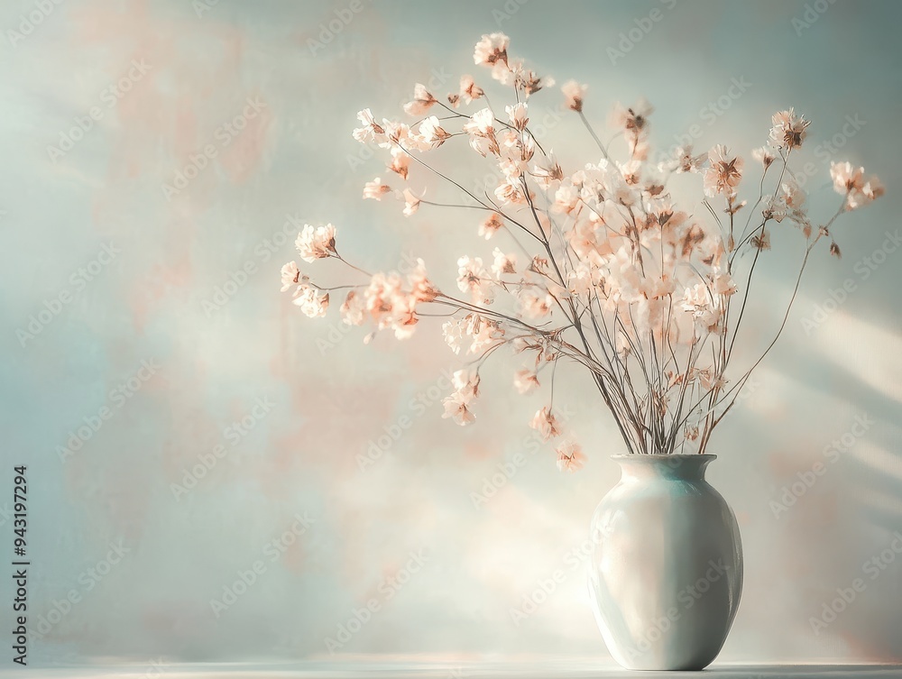 Delicate White Flowers in a White Vase with Soft Light and Blurred Background Delicate White Flowers in a White Vase with Soft Light and Blurred Background