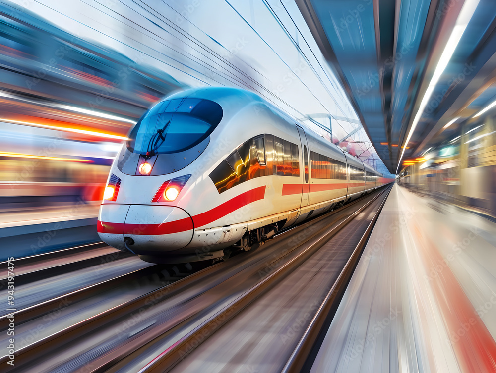 Fototapeta premium A high-speed train moves along a railway track. Neural network AI generated art