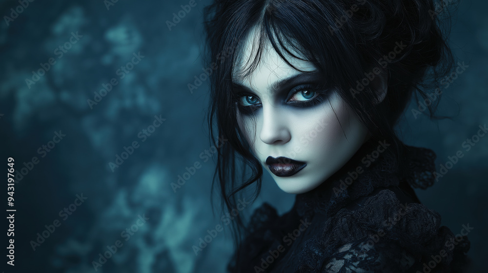 Mysterious gothic woman with dramatic makeup and lace dress in dark ambiance Mysterious gothic woman with dramatic makeup and lace dress in dark ambiance