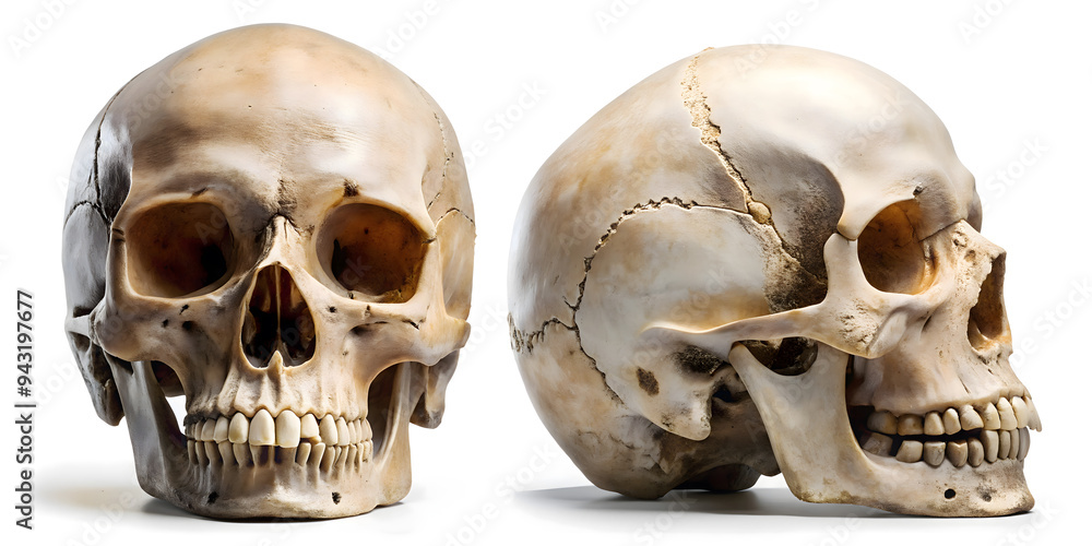 Two Detailed Human Skulls Front and Side View Two Detailed Human Skulls Front and Side View