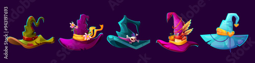 Magic fairytale fantasy witch cap with decorative flowers, vegetables and skull with bones. Cartoon vector colorful autumn and Halloween design elements of wizard pointed cone hat.