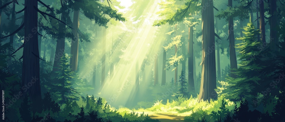 Sunlight Streaming Through Tall Trees in a Lush Green Forest. Sunlight Streaming Through Tall Trees in a Lush Green Forest.