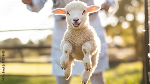 Lovely cute baby sheep jumping and playing with veterinarian at domestic farm. Vet taking care of lambs. copy space for text.