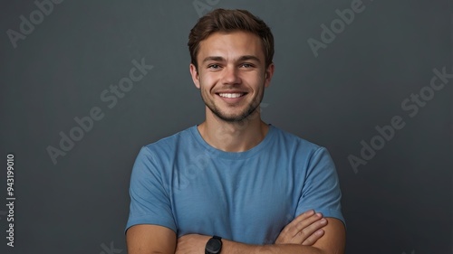 A young European Caucasian man is seen in a studio setting against a gray backdrop. He stands with his arms crossed, wearing a blue t-shirt, and displays a smile while gazing directly at the camera.