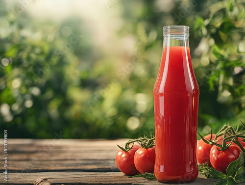 Fresh tomato juice in a glass bottle, surrounded by ripe tomatoes on a rustic table with a blurred green background. photo