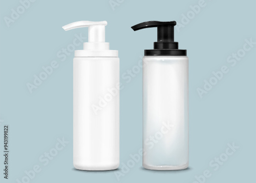 3D pump bottle mockups set isolated on background. Vector cartoon illustration of plastic or glass container for cosmetic product, blank frosted surface for branding, airless flacon for beauty care