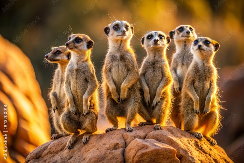 Group of curious meerkats stand sentry on rocky outcrops, gazing intently at the surrounding desert landscape with alert, inquisitive expressions and upright, watchful postures. Group of curious meerkats stand sentry on rocky outcrops, gazing intently at the surrounding desert landscape with alert, inquisitive expressions and upright, watchful postures.