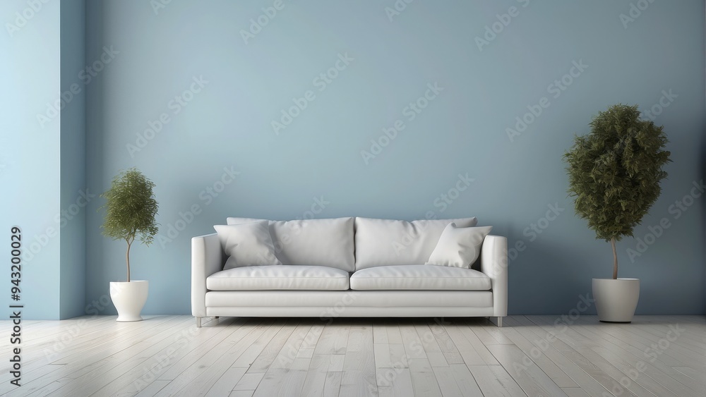 White Sofa in a Modern Living Room with Blue Wall and Wooden Floor White Sofa in a Modern Living Room with Blue Wall and Wooden Floor