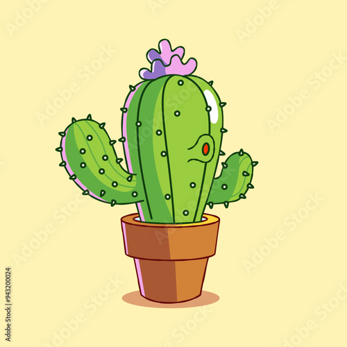 Cute Green Cactus Cartoon on a Pot