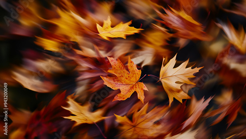 Bunte Herbstblätter wirbeln im Wind durch die Luft,  abstrakter und dynamischer Herbsthintergrund photo