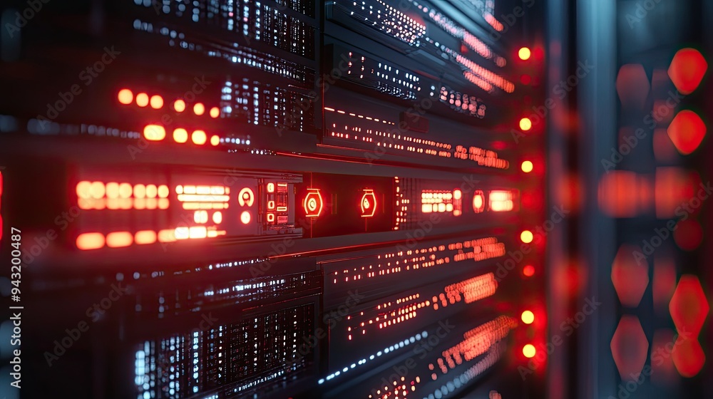 Obraz premium A close-up of a network server with glowing indicators, representing communication technology.