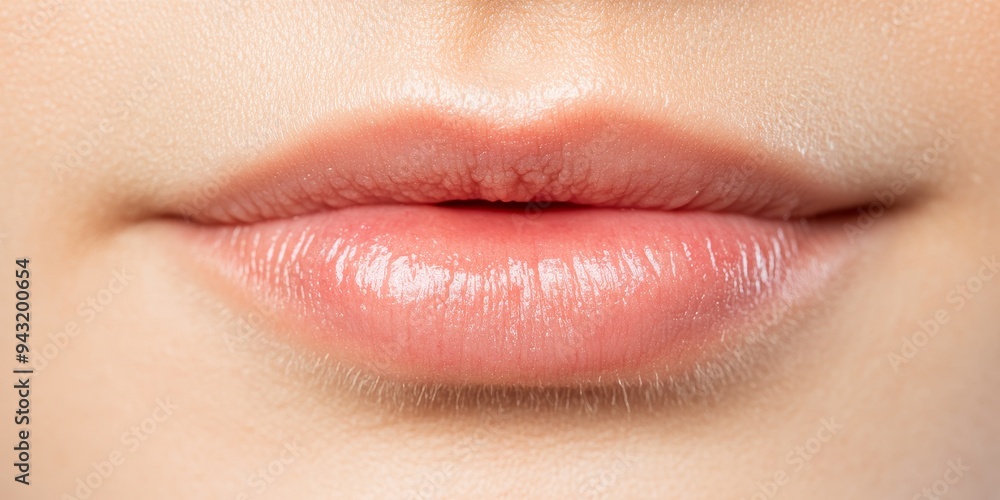 Fototapeta premium close-up of soft pink lips with natural makeup, smooth and youthful skin texture, beauty and cosmetic concept, feminine and attractive mouth.