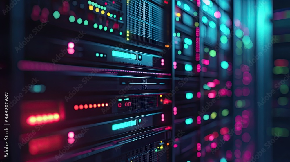 A close-up of a network server with glowing indicators, representing communication technology. A close-up of a network server with glowing indicators, representing communication technology.