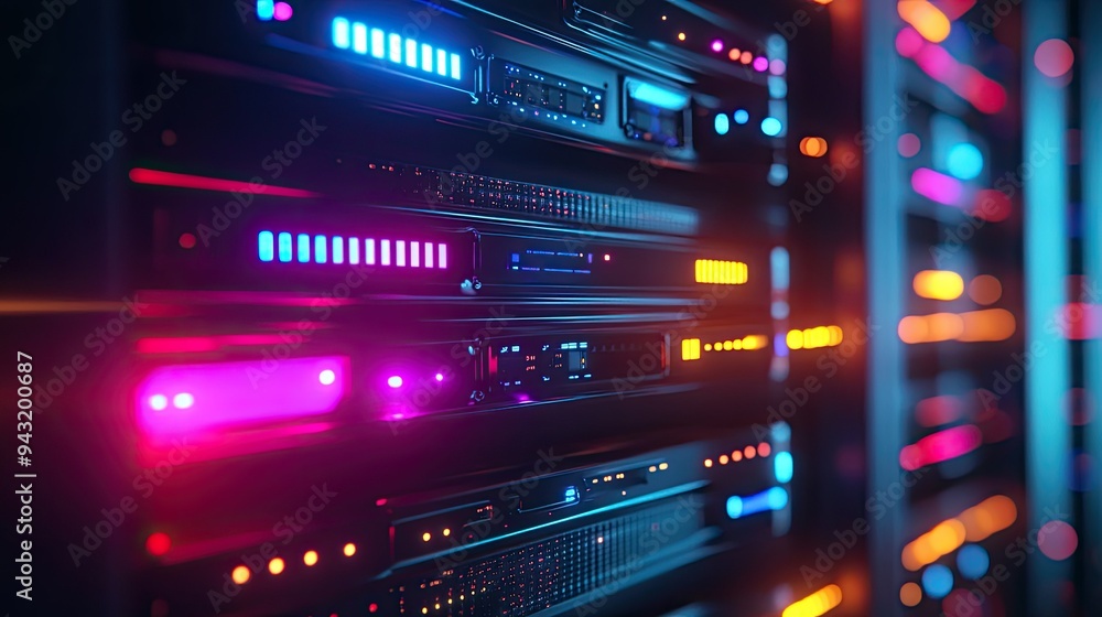 A close-up of a network server with glowing indicators, representing communication technology. A close-up of a network server with glowing indicators, representing communication technology.