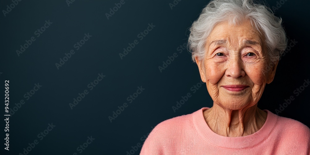 portrait of a smiling elderly asian woman with grey hair against a dark blue background. portrait of a smiling elderly asian woman with grey hair against a dark blue background.