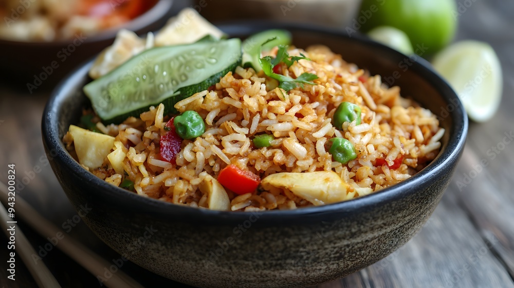23. A bowl of Indonesian nasi goreng with fried rice and vegetables 23. A bowl of Indonesian nasi goreng with fried rice and vegetables