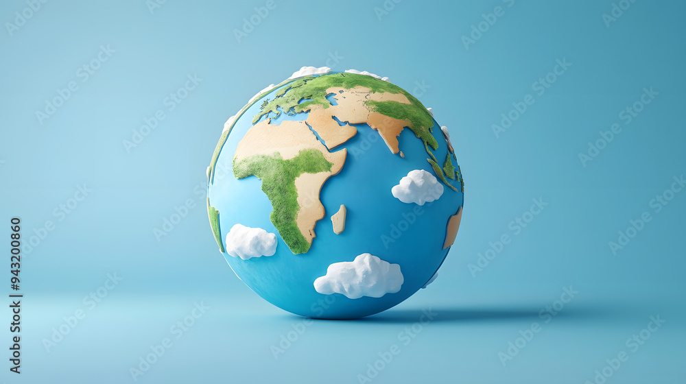Fototapeta premium 3D illustration of the Earth sits on a blue background. The globe features a simplified map of continents and oceans, with white clouds and green landmasses.