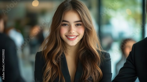 Smiling businesswoman in black blazer looking at camera.