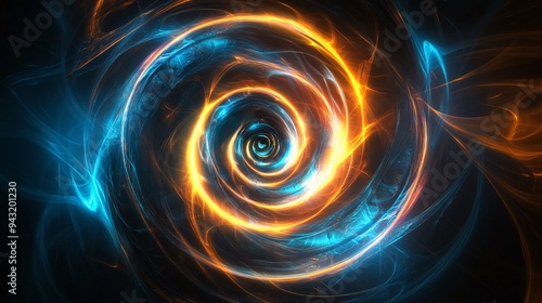 Glowing neon spirals and waveforms creating an abstract, futuristic background