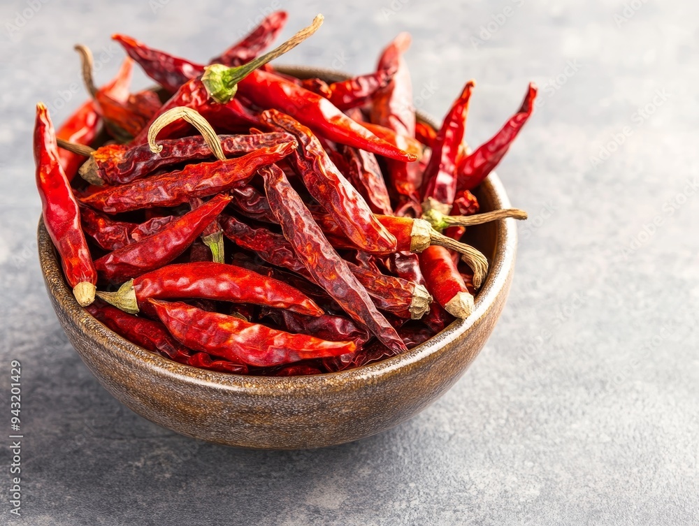 dried red chili peppers in wooden bowl on gray background - spicy chili peppers, hot peppers, food ingredient, spicy cuisine, chili seasoning. dried red chili peppers in wooden bowl on gray background - spicy chili peppers, hot peppers, food ingredient, spicy cuisine, chili seasoning.