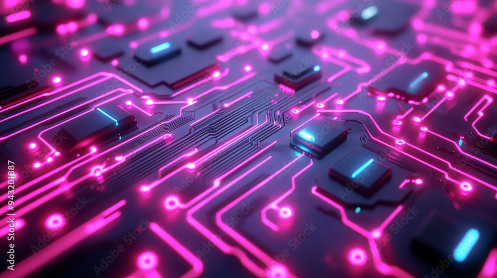Neon glowing patterns resembling circuit boards on a dark background Neon glowing patterns resembling circuit boards on a dark background