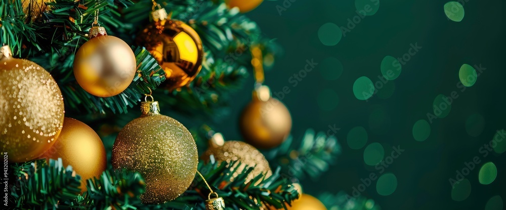 Close-up of Gold Christmas Ornaments on Green Christmas Tree with Bokeh Background Close-up of Gold Christmas Ornaments on Green Christmas Tree with Bokeh Background